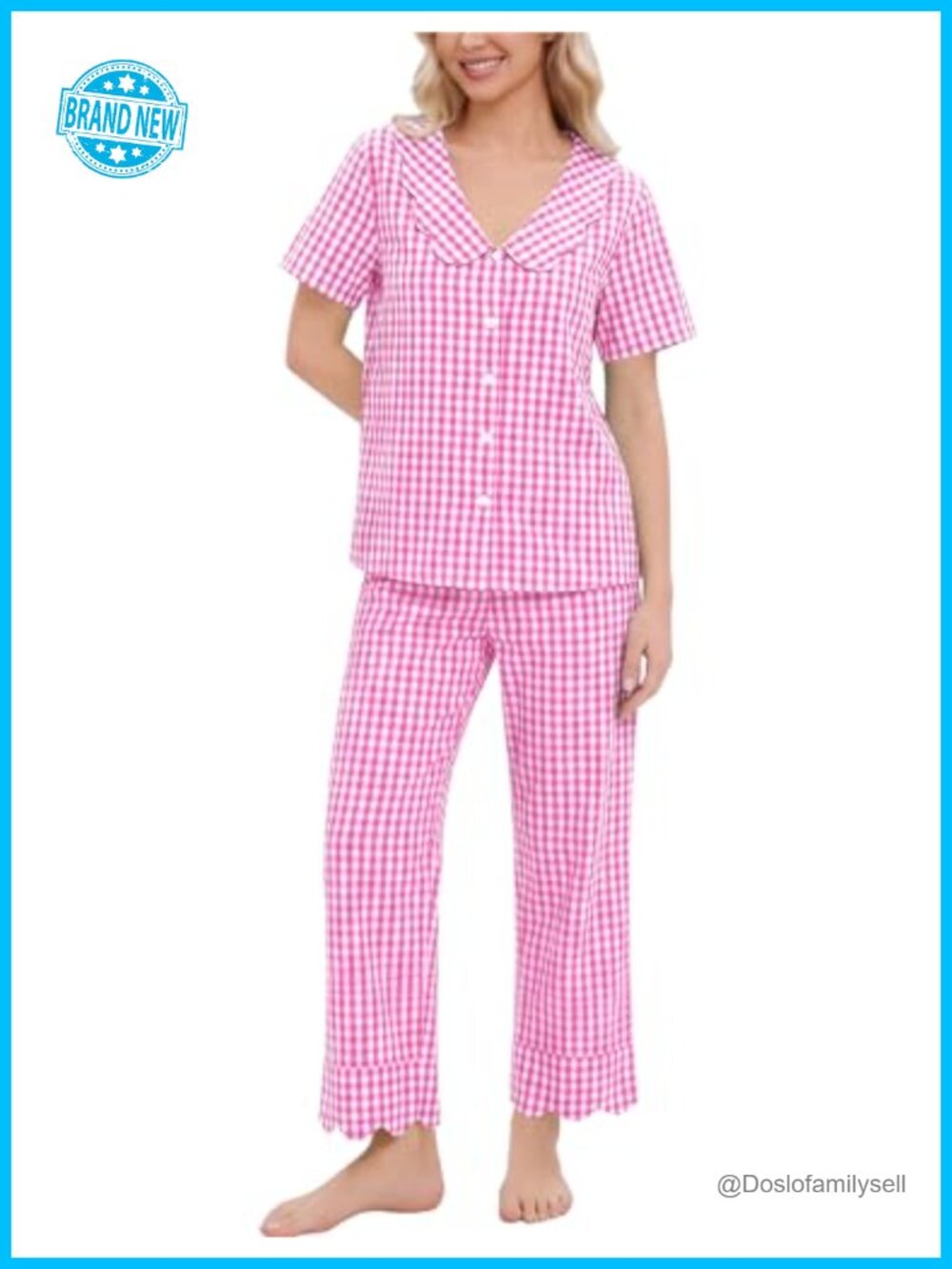 100% Cotton Women Pajama Set 2 Piece Short Sleeve Gingham Button Down Lounge